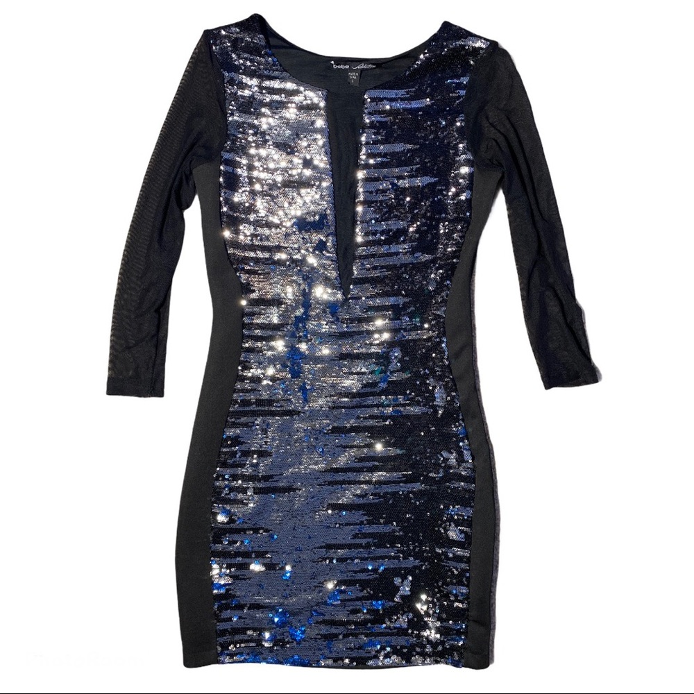 BEBE BLUE/SILVER SEQUIN MESH DRESS